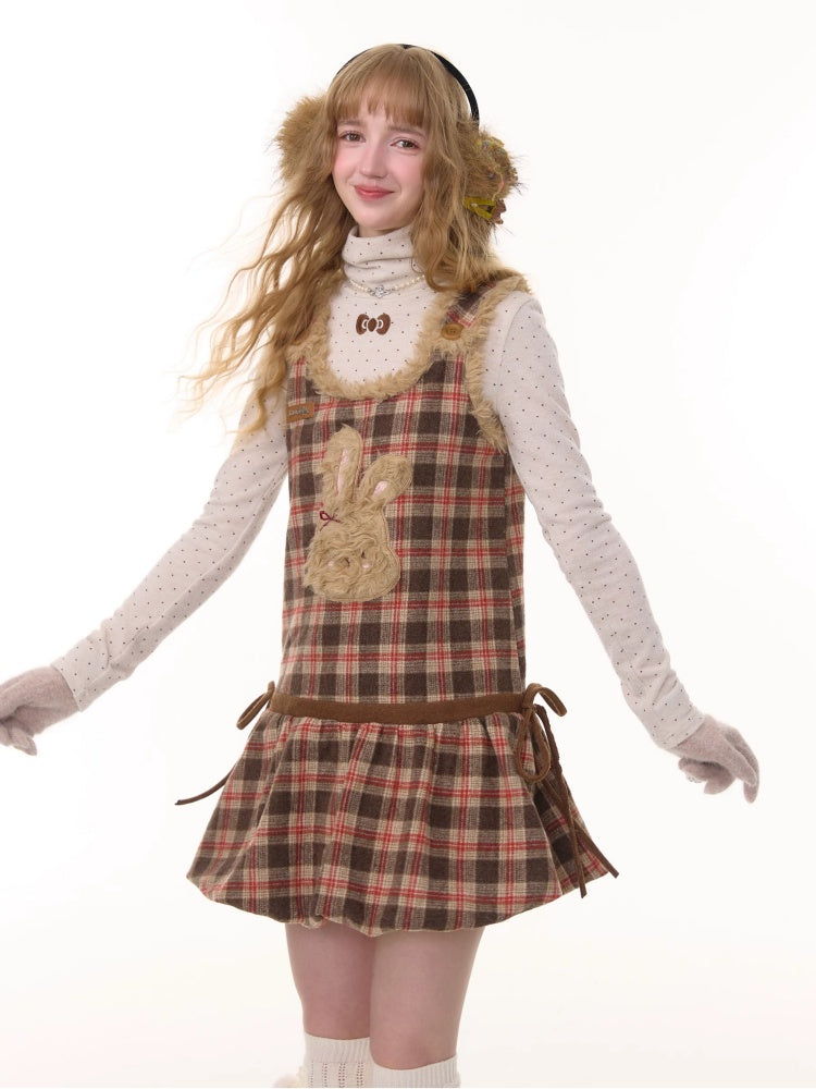 American Design Reddish Plaid Plush Rabbit Pocket Hem Vest Dress【s0000014787】