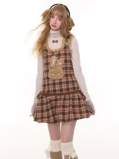 American Design Reddish Plaid Plush Rabbit Pocket Hem Vest Dress【s0000014787】