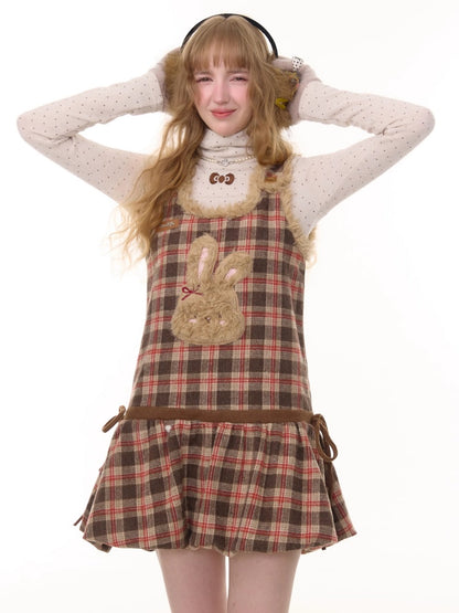 American Design Reddish Plaid Plush Rabbit Pocket Hem Vest Dress【s0000014787】