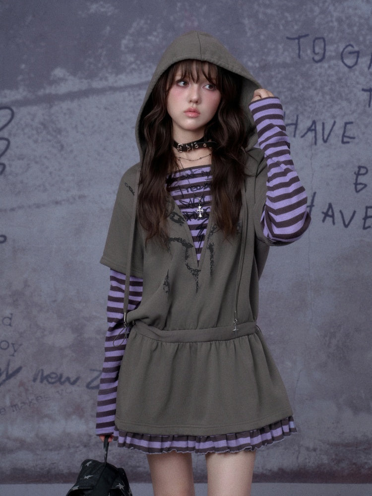 Sweet Cool Street Fake Two-Piece Hooded Sweatshirt Loose Dress【s0000014790】