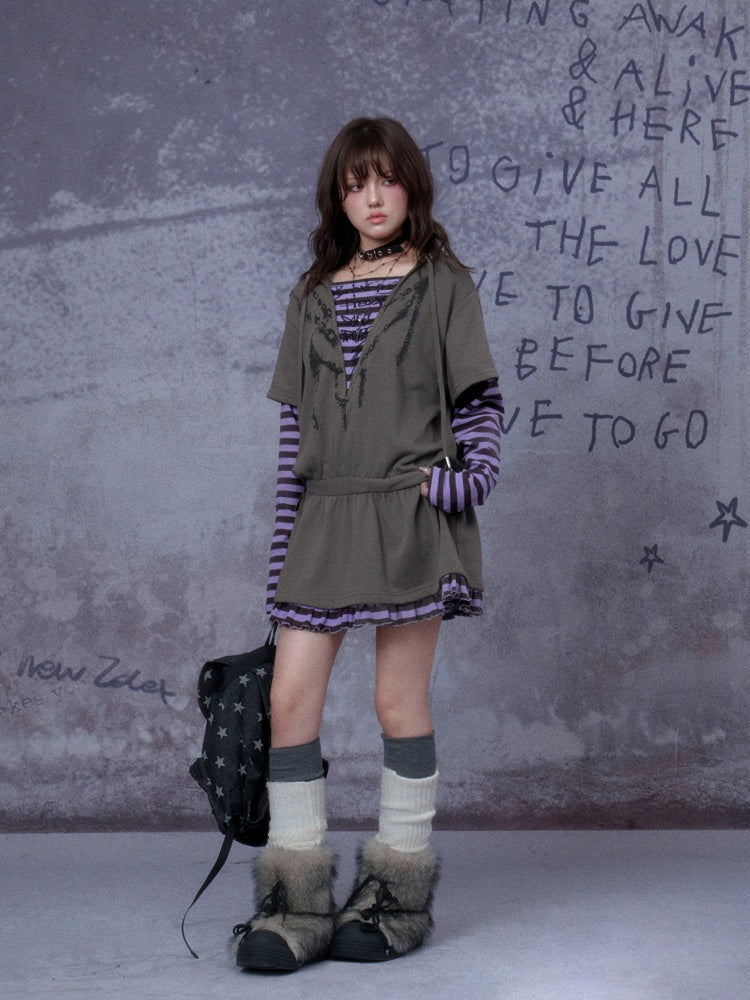 Sweet Cool Street Fake Two-Piece Hooded Sweatshirt Loose Dress【s0000014790】