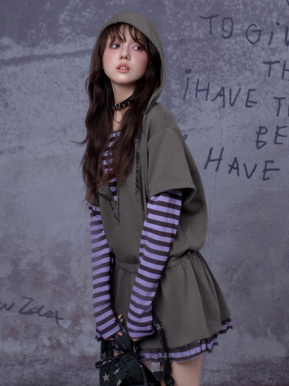 Sweet Cool Street Fake Two-Piece Hooded Sweatshirt Loose Dress【s0000014790】