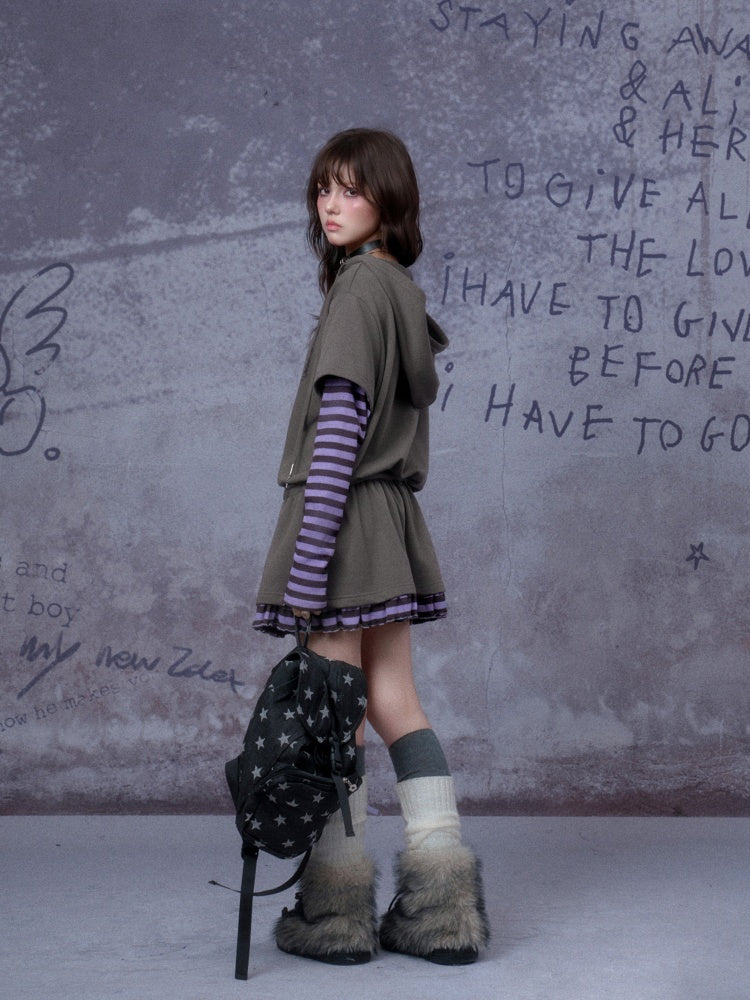 Sweet Cool Street Fake Two-Piece Hooded Sweatshirt Loose Dress【s0000014790】