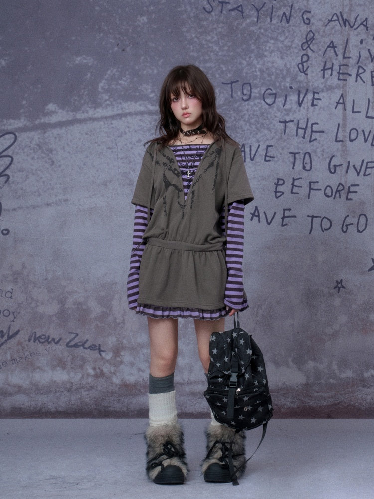 Sweet Cool Street Fake Two-Piece Hooded Sweatshirt Loose Dress【s0000014790】