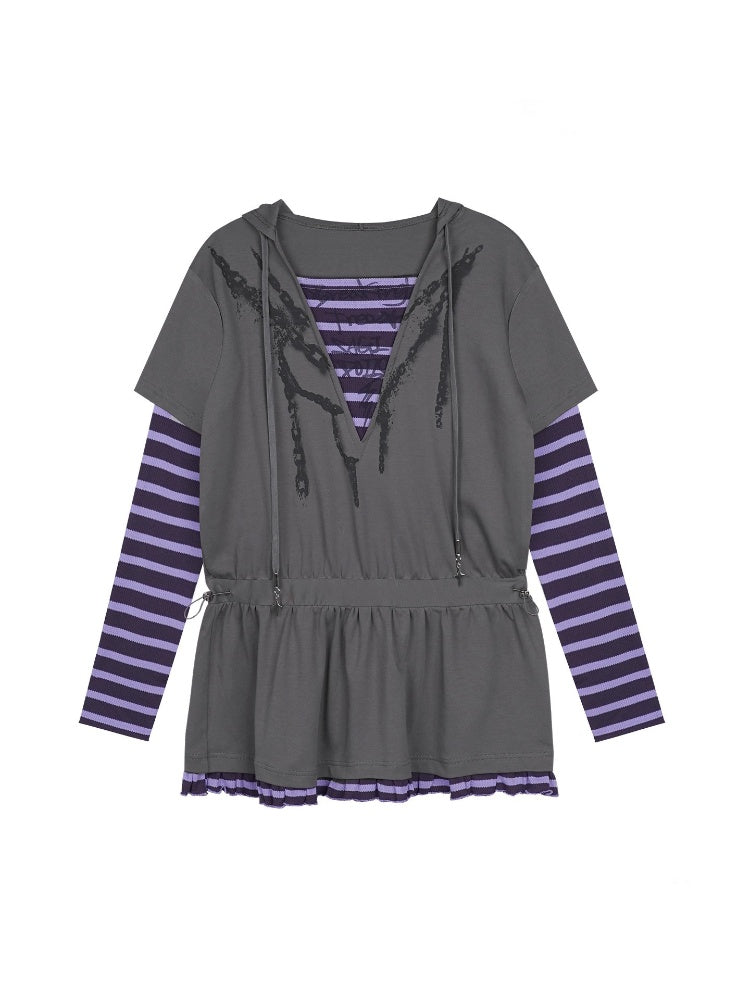 Sweet Cool Street Fake Two-Piece Hooded Sweatshirt Loose Dress【s0000014790】