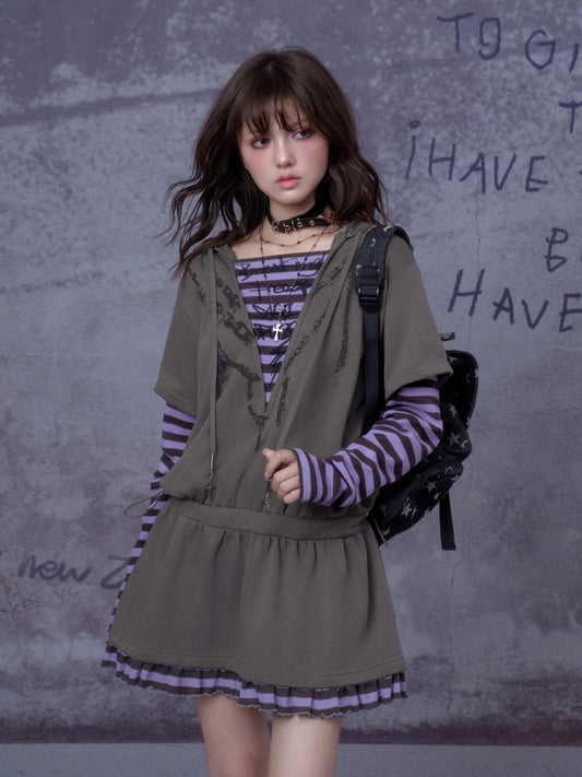Sweet Cool Street Fake Two-Piece Hooded Sweatshirt Loose Dress【s0000014790】