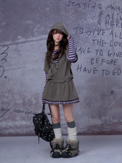 Sweet Cool Street Fake Two-Piece Hooded Sweatshirt Loose Dress【s0000014790】