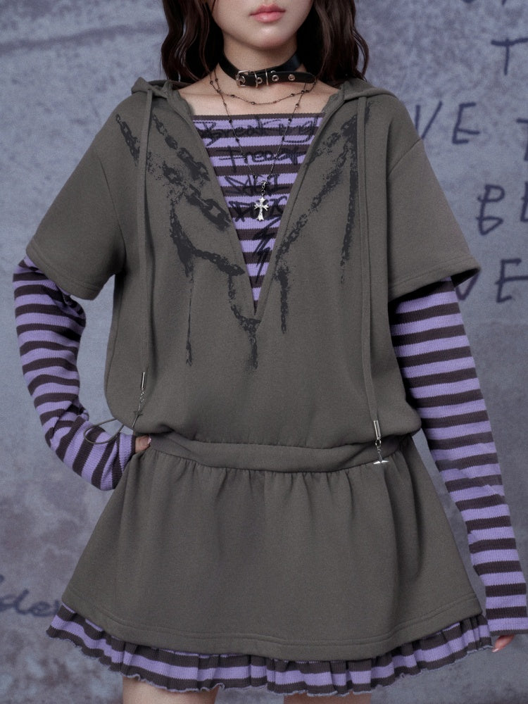 Sweet Cool Street Fake Two-Piece Hooded Sweatshirt Loose Dress【s0000014790】