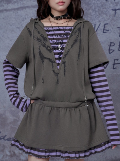 Sweet Cool Street Fake Two-Piece Hooded Sweatshirt Loose Dress【s0000014790】