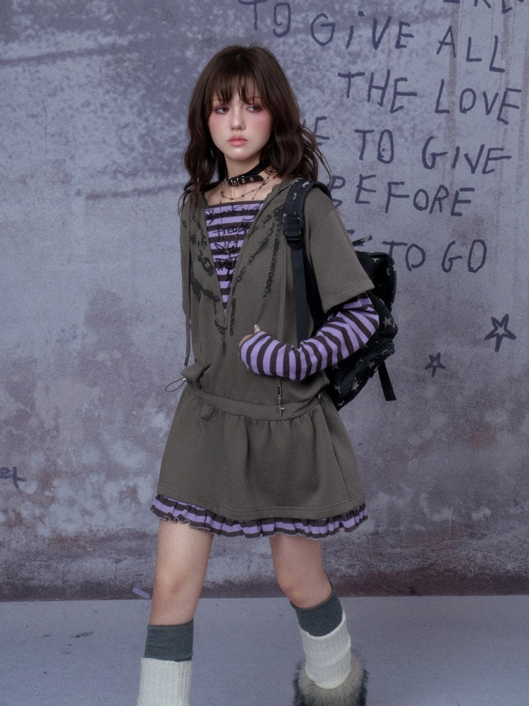 Sweet Cool Street Fake Two-Piece Hooded Sweatshirt Loose Dress【s0000014790】