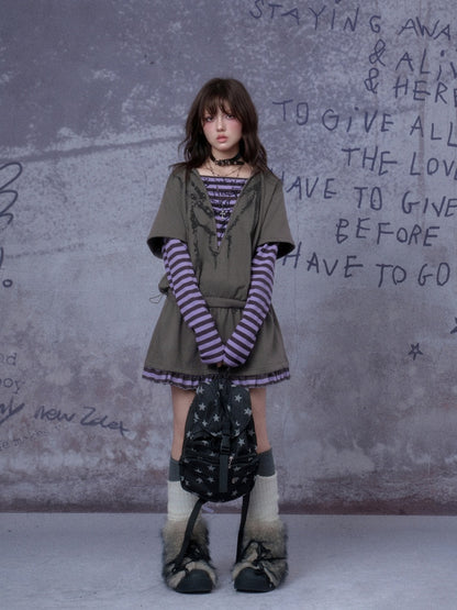 Sweet Cool Street Fake Two-Piece Hooded Sweatshirt Loose Dress【s0000014790】