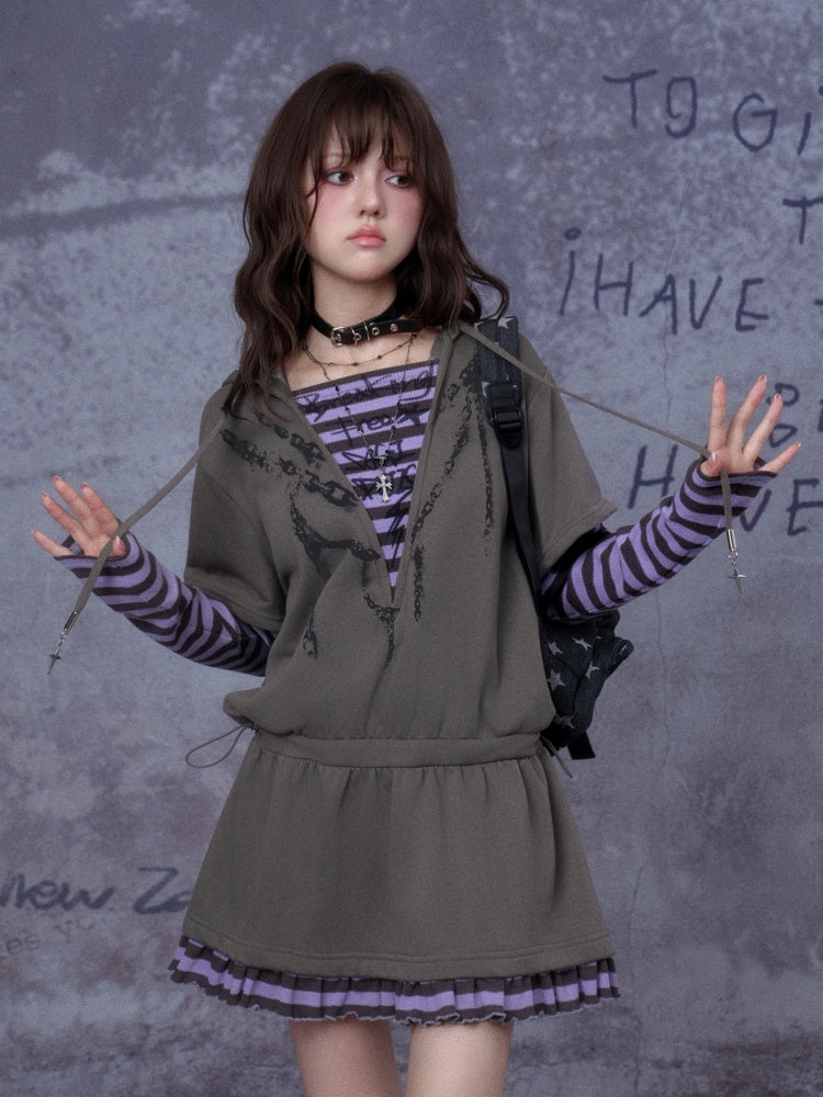 Sweet Cool Street Fake Two-Piece Hooded Sweatshirt Loose Dress【s0000014790】