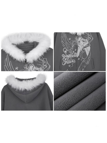 Angel Paradise Lost Manga Print Fleece Sweatshirt Jacket Face Hat Loose【s0000014791】