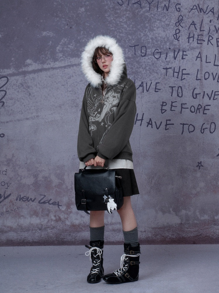 Angel Paradise Lost Manga Print Fleece Sweatshirt Jacket Face Hat Loose【s0000014791】