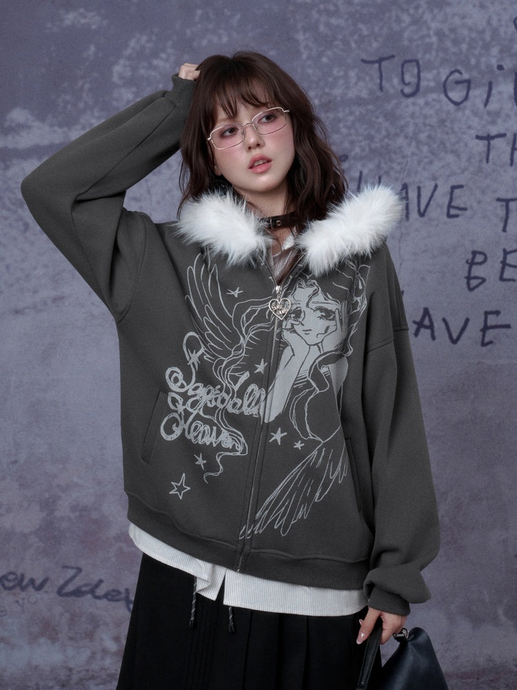 Angel Paradise Lost Manga Print Fleece Sweatshirt Jacket Face Hat Loose【s0000014791】