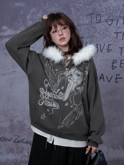 Angel Paradise Lost Manga Print Fleece Sweatshirt Jacket Face Hat Loose【s0000014791】
