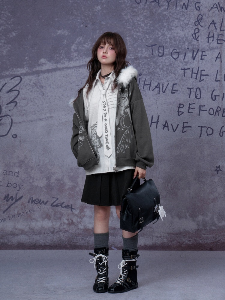 Angel Paradise Lost Manga Print Fleece Sweatshirt Jacket Face Hat Loose【s0000014791】