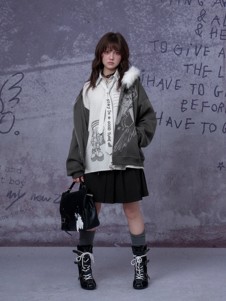 Angel Paradise Lost Manga Print Fleece Sweatshirt Jacket Face Hat Loose【s0000014791】