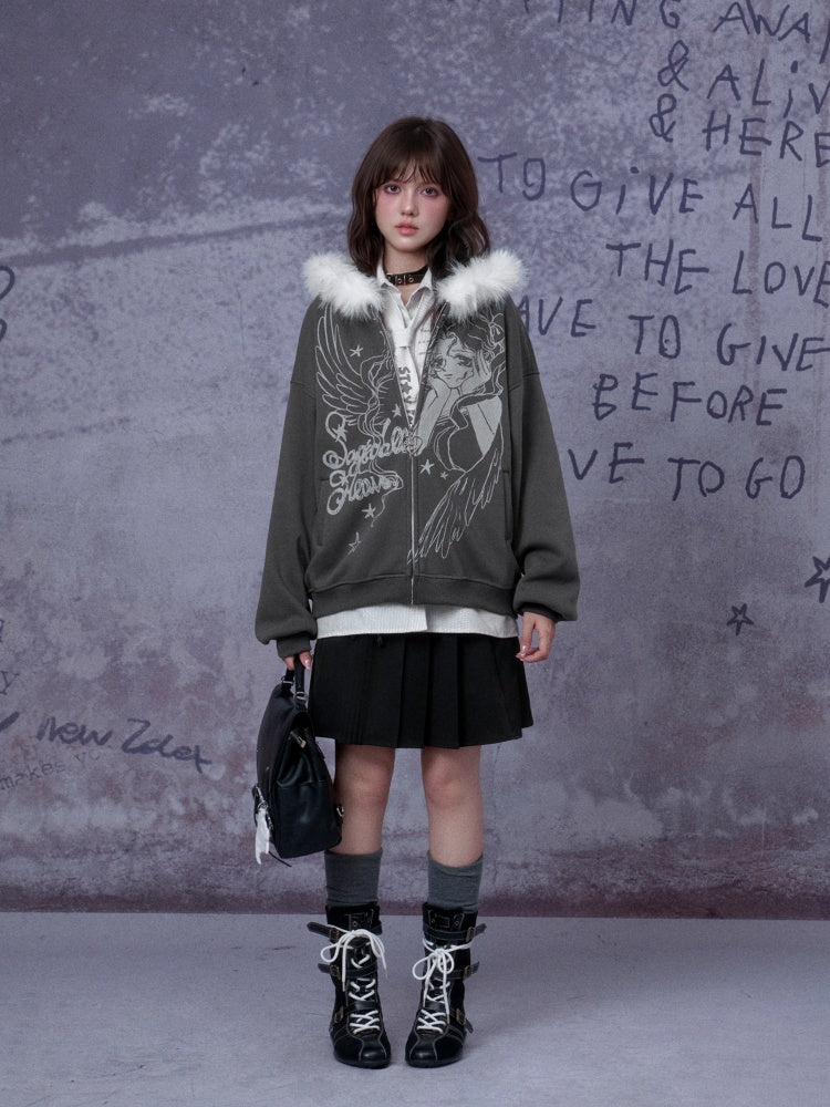 Angel Paradise Lost Manga Print Fleece Sweatshirt Jacket Face Hat Loose【s0000014791】