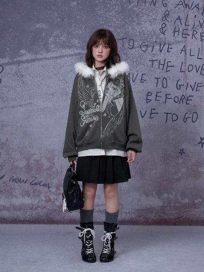 Angel Paradise Lost Manga Print Fleece Sweatshirt Jacket Face Hat Loose【s0000014791】