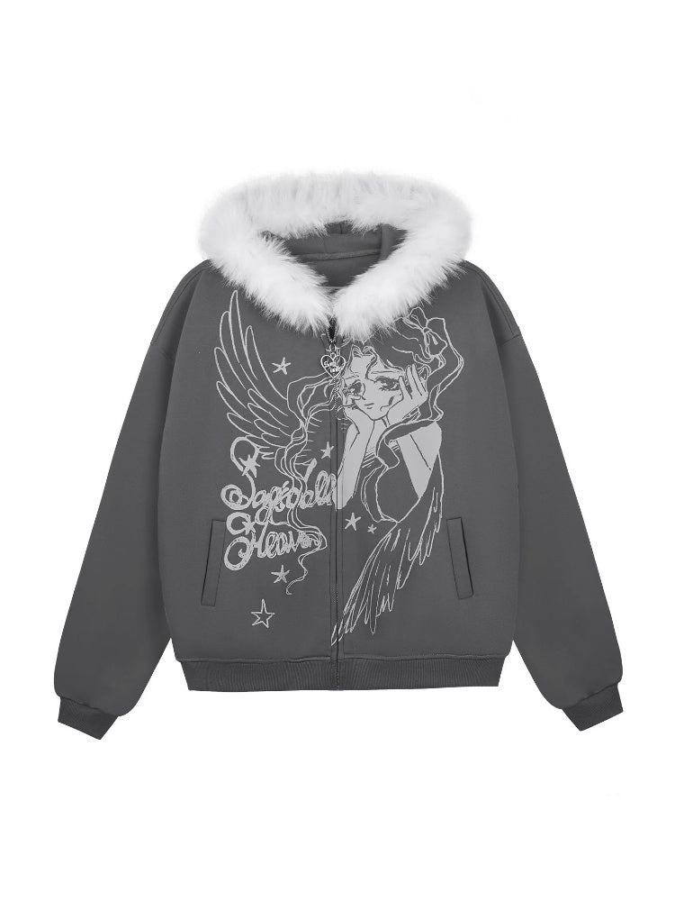 Angel Paradise Lost Manga Print Fleece Sweatshirt Jacket Face Hat Loose【s0000014791】