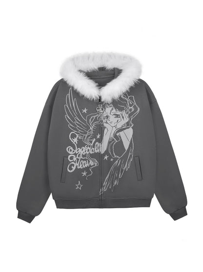 Angel Paradise Lost Manga Print Fleece Sweatshirt Jacket Face Hat Loose【s0000014791】