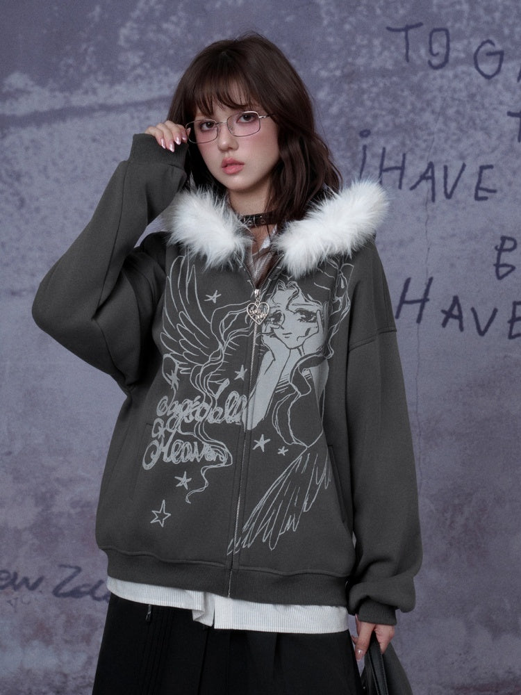 Angel Paradise Lost Manga Print Fleece Sweatshirt Jacket Face Hat Loose【s0000014791】