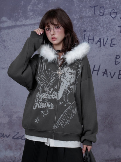 Angel Paradise Lost Manga Print Fleece Sweatshirt Jacket Face Hat Loose【s0000014791】