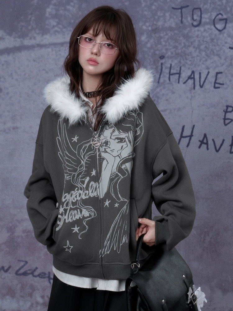 Angel Paradise Lost Manga Print Fleece Sweatshirt Jacket Face Hat Loose【s0000014791】
