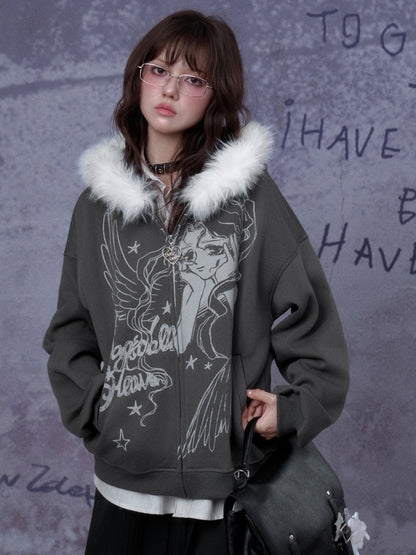 Angel Paradise Lost Manga Print Fleece Sweatshirt Jacket Face Hat Loose【s0000014791】