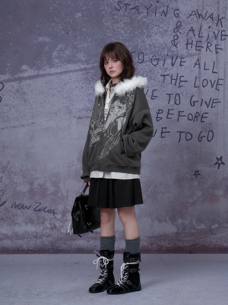 Angel Paradise Lost Manga Print Fleece Sweatshirt Jacket Face Hat Loose【s0000014791】