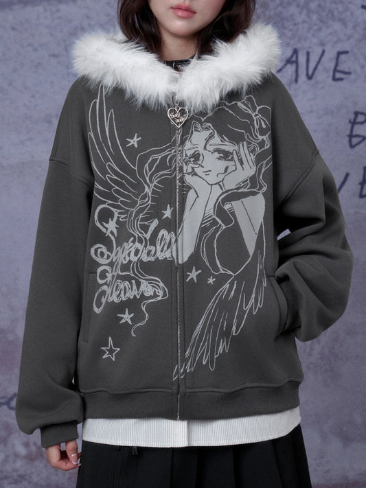 Angel Paradise Lost Manga Print Fleece Sweatshirt Jacket Face Hat Loose【s0000014791】