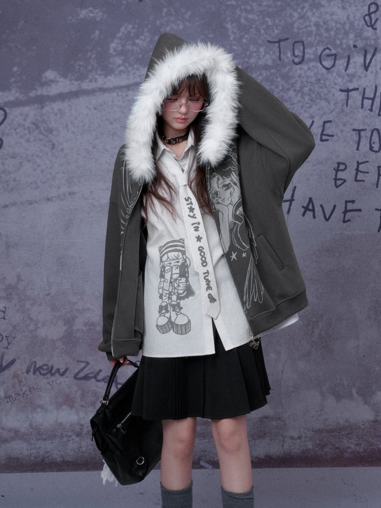 Angel Paradise Lost Manga Print Fleece Sweatshirt Jacket Face Hat Loose【s0000014791】