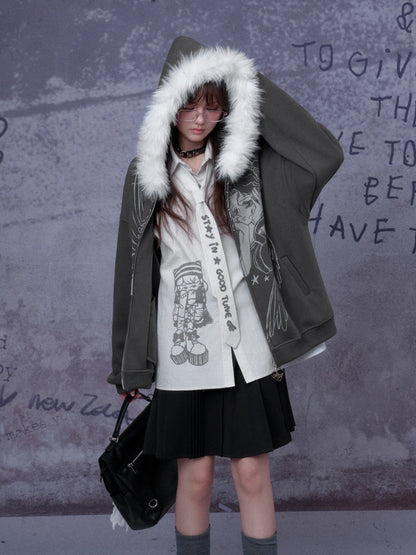 Angel Paradise Lost Manga Print Fleece Sweatshirt Jacket Face Hat Loose【s0000014791】