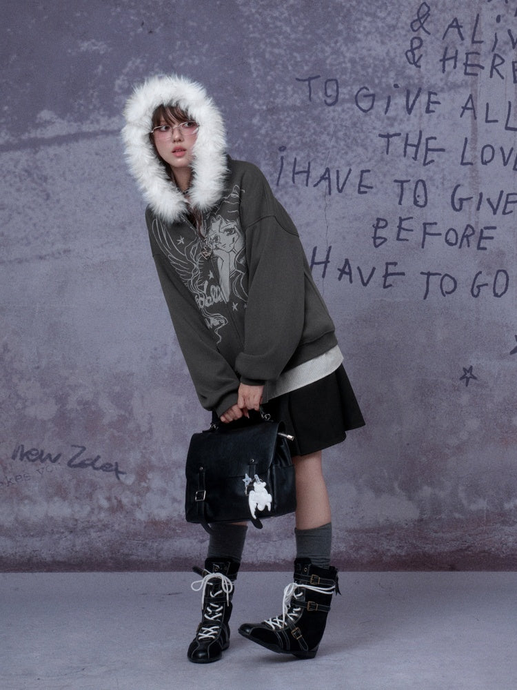 Angel Paradise Lost Manga Print Fleece Sweatshirt Jacket Face Hat Loose【s0000014791】