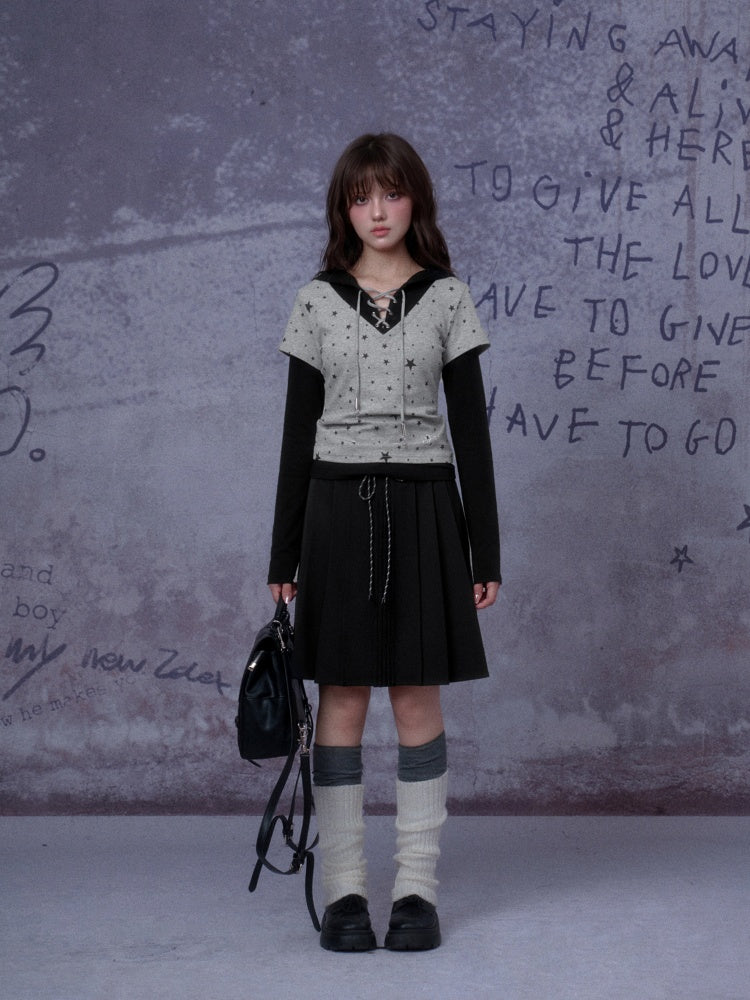 Double Waist Preppy Style Pleated Mid-Skirt【s0000014792】