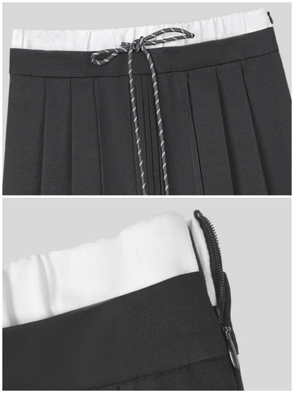 Double Waist Preppy Style Pleated Mid-Skirt【s0000014792】