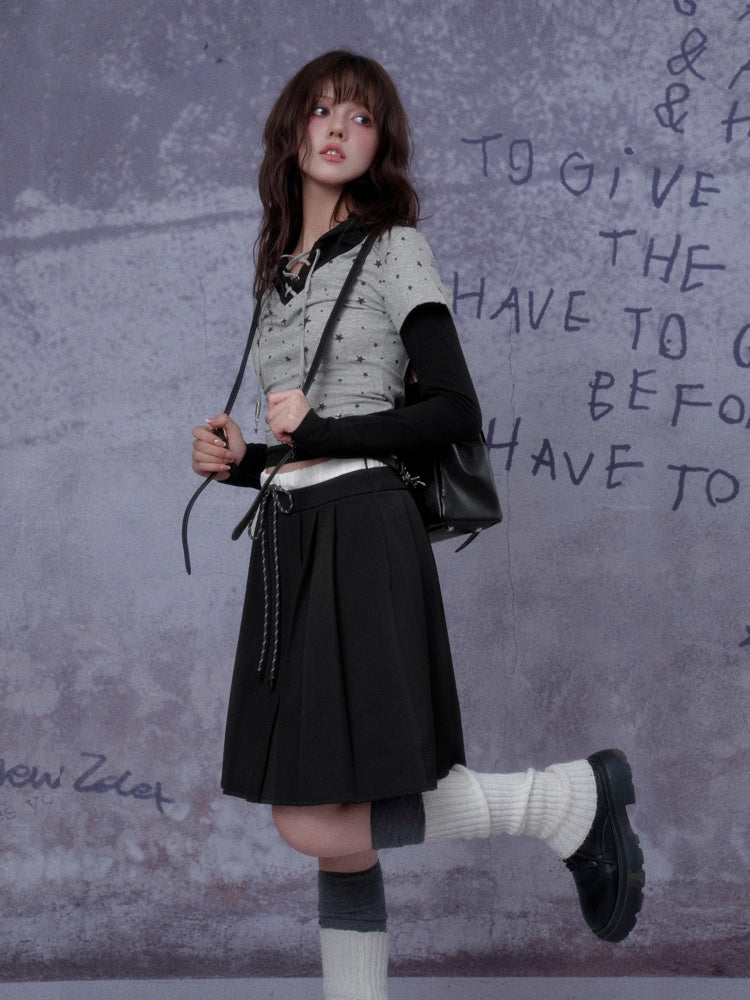 Double Waist Preppy Style Pleated Mid-Skirt【s0000014792】