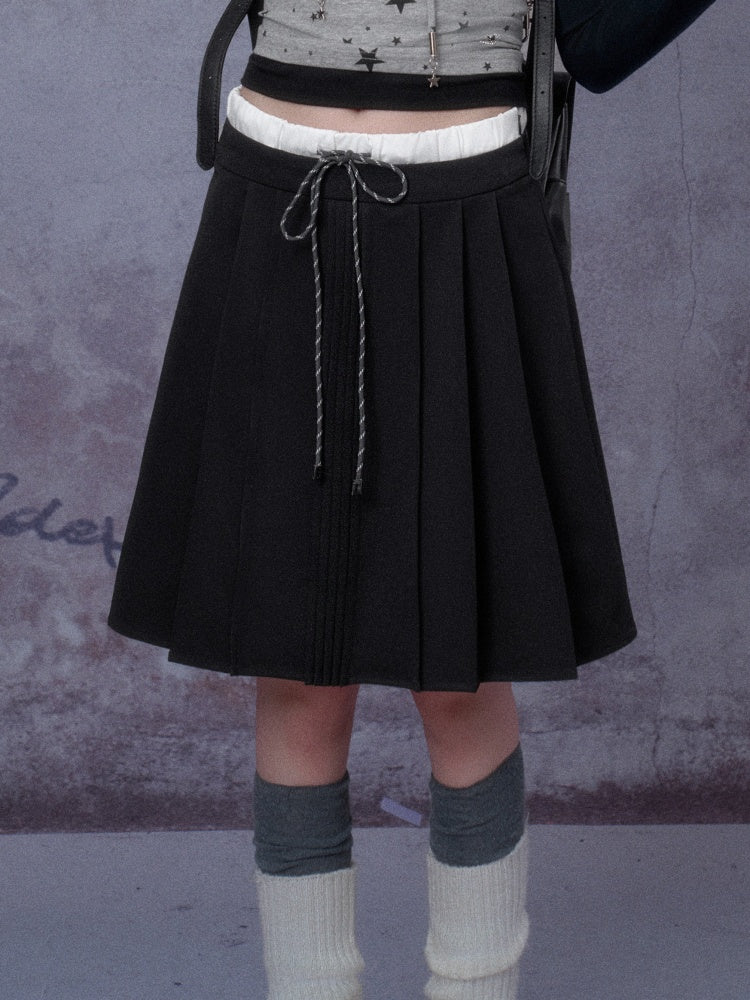 Double Waist Preppy Style Pleated Mid-Skirt【s0000014792】