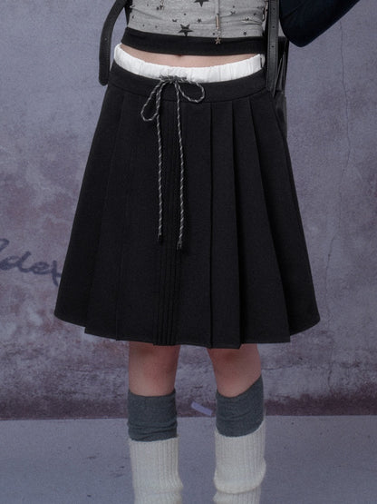 Double Waist Preppy Style Pleated Mid-Skirt【s0000014792】