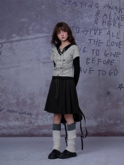 Double Waist Preppy Style Pleated Mid-Skirt【s0000014792】