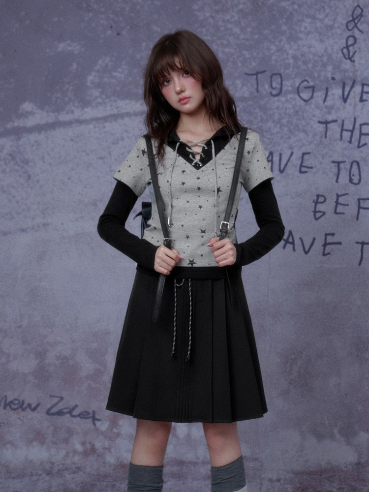 Double Waist Preppy Style Pleated Mid-Skirt【s0000014792】