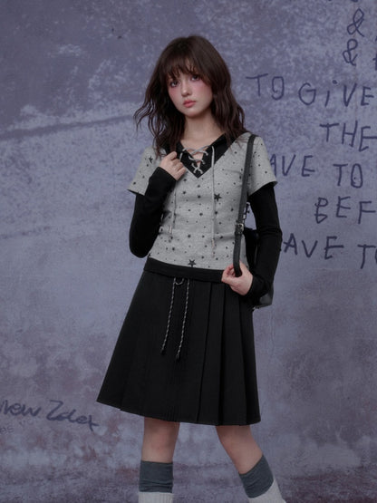 Double Waist Preppy Style Pleated Mid-Skirt【s0000014792】