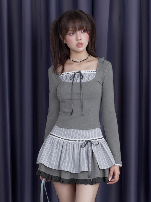Sweet Pure Desire Fake Two-Piece Striped Long-Sleeved T-Shirt【s0000014796】