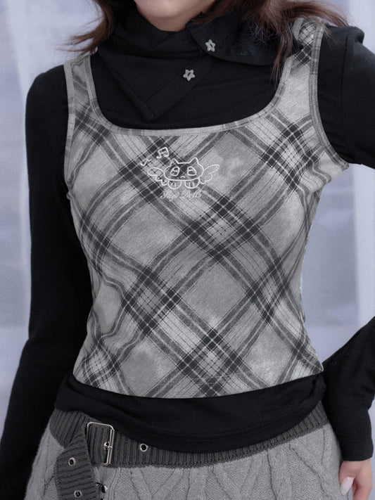 High-End Sense Of Gentle Retro Plaid Small Fragrance Style Turtle Neck Fake Two-Piece T-Shirt【s0000014798】