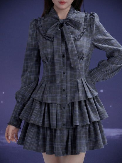 Twilight Doll Plaid Big Bow Cake Dress【s0000014800】