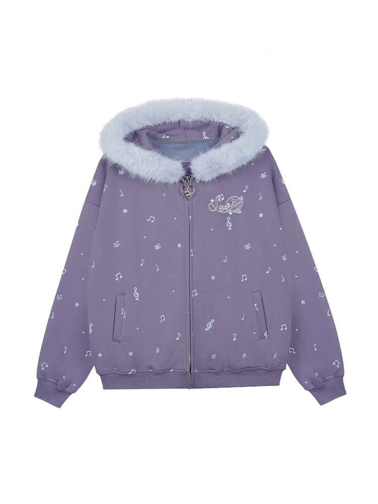Falling Sound Like Snow Sweet Cool Note Print Fleece Hooded Jacket Fur Collar【s0000014801】