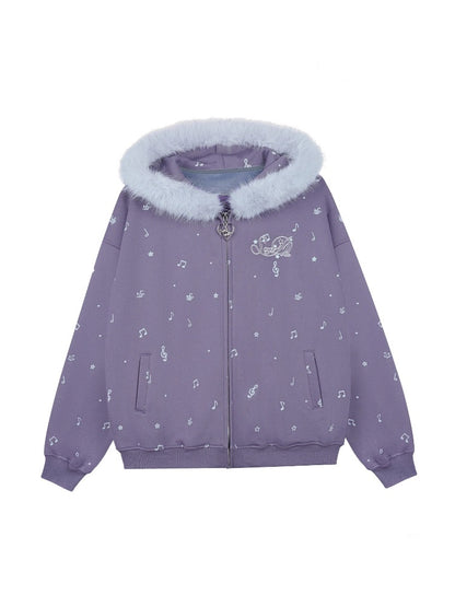 Falling Sound Like Snow Sweet Cool Note Print Fleece Hooded Jacket Fur Collar【s0000014801】