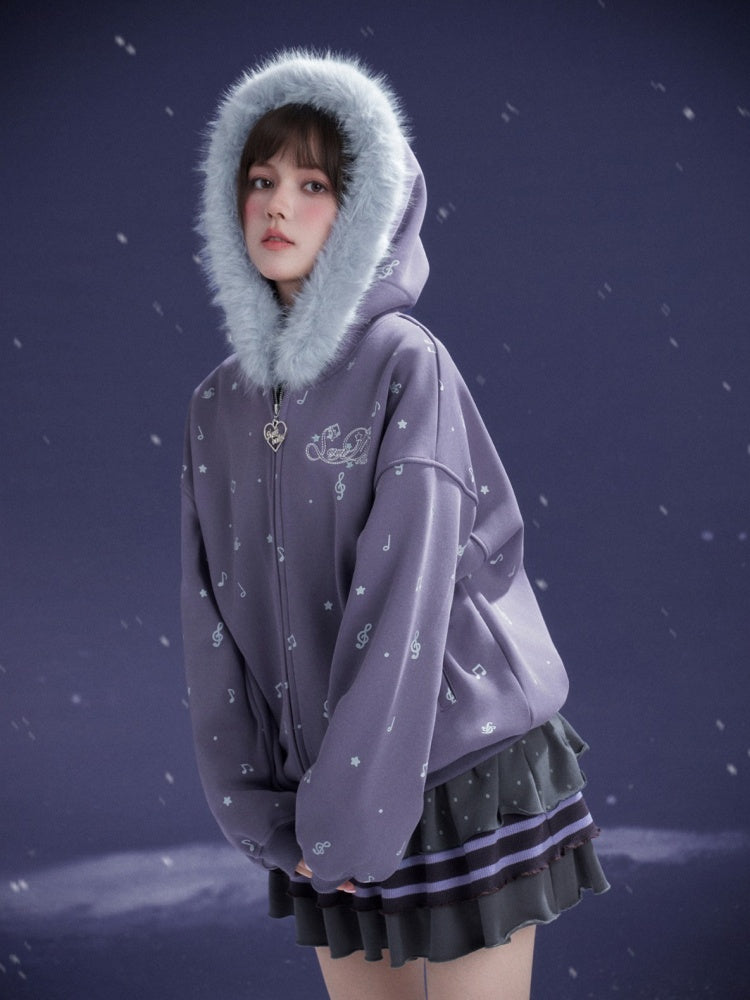 Falling Sound Like Snow Sweet Cool Note Print Fleece Hooded Jacket Fur Collar【s0000014801】
