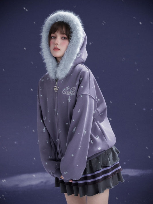 Falling Sound Like Snow Sweet Cool Note Print Fleece Hooded Jacket Fur Collar【s0000014801】